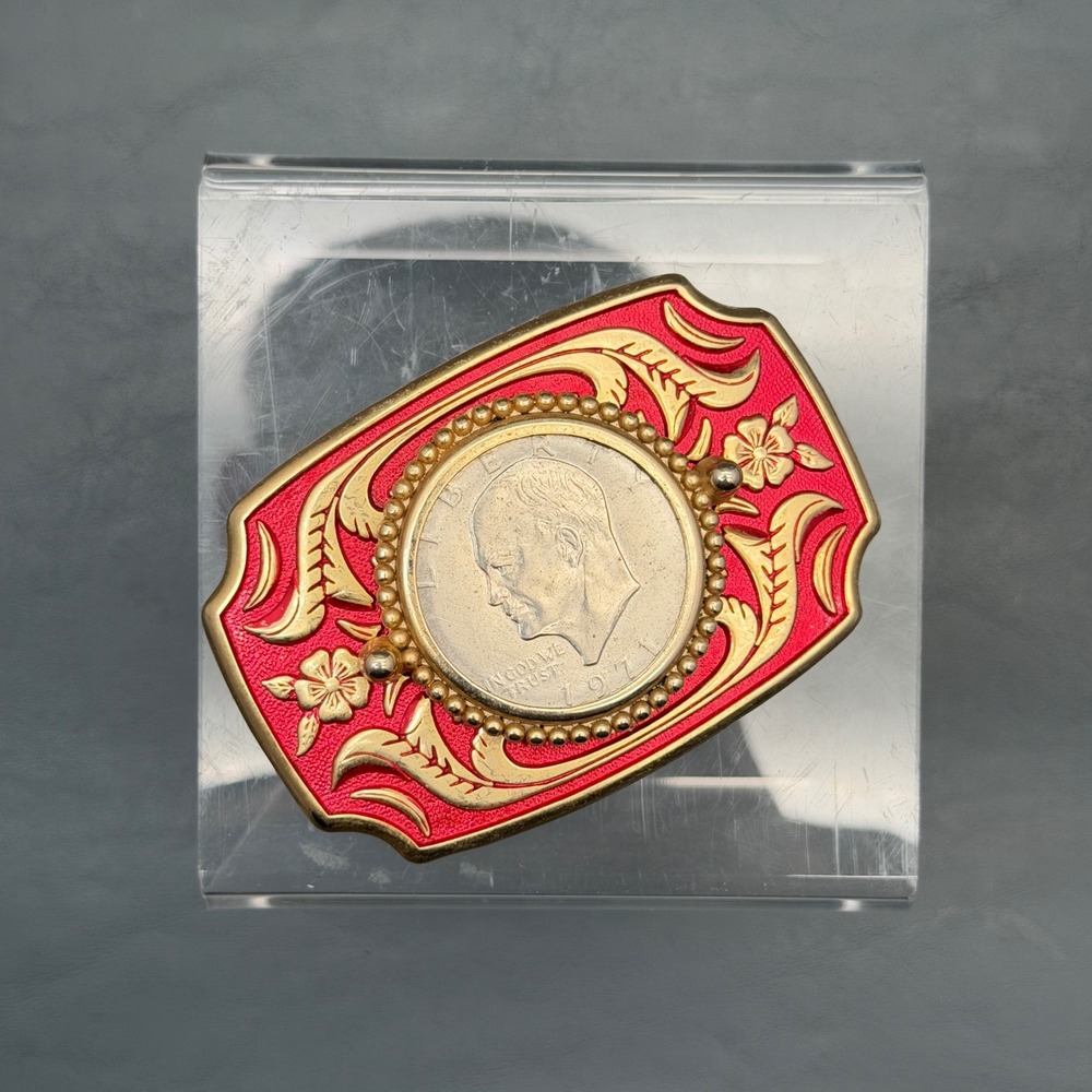 Vintage Belt Buckle 1971 Liberty Dollar Center Red Silver Enamel